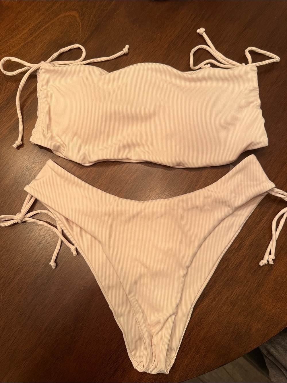 Ribbed Strap Tie Bikini Set in Light Cream/Beige